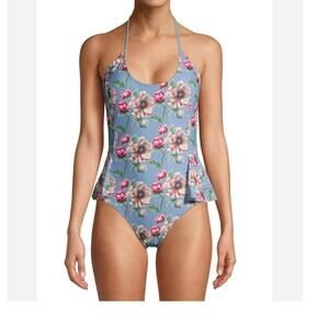 NWT Vigoss Halter‎ One-Piece Womans Swim Suit Blue Floral Peplum Size Small